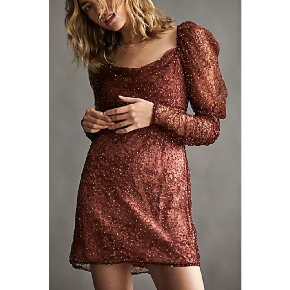 Free People Mini Dress Mademoiselle Brown Beaded Sequin Long Sleeve